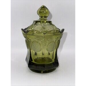 Fostoria Green Coin Glass "1886" Eagle & Torch Covered Candy Dish